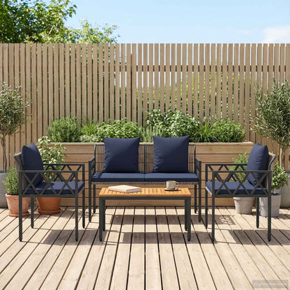 tuinmeubelset 4 pcs Grijs en Marineblauw poly rattan