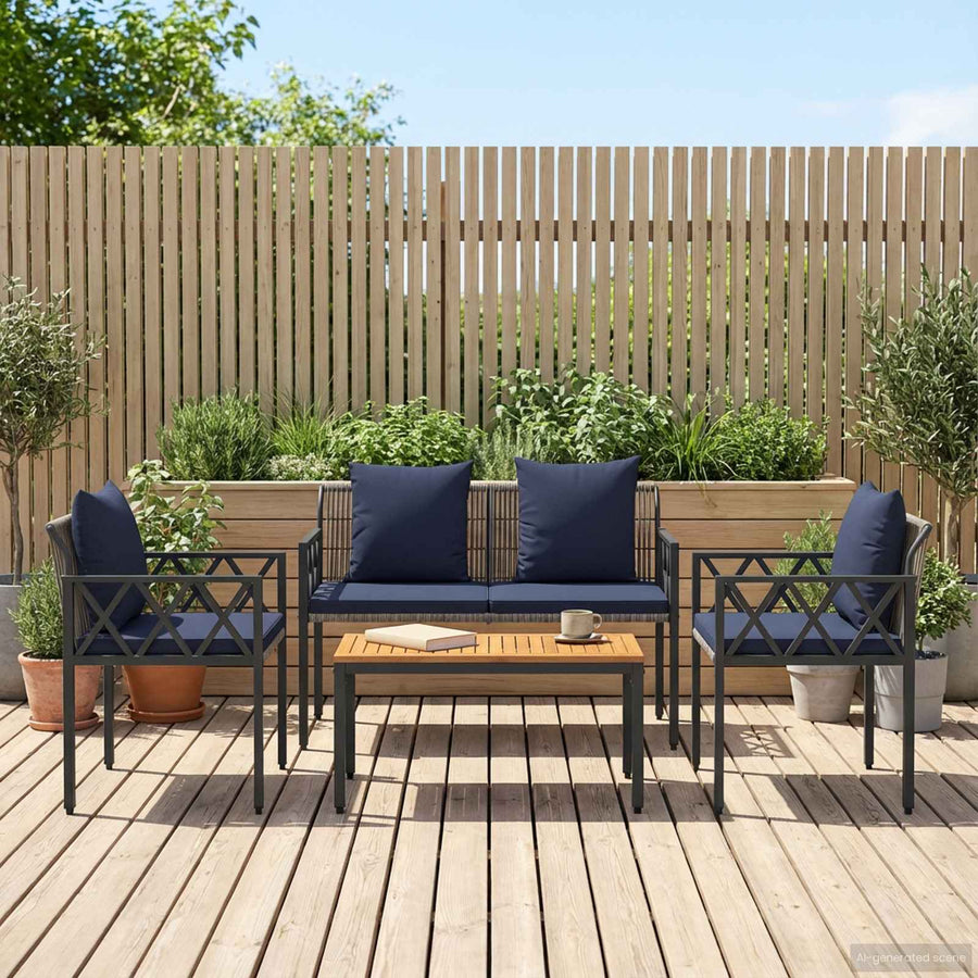 tuinmeubelset 4 pcs Grijs en Marineblauw poly rattan