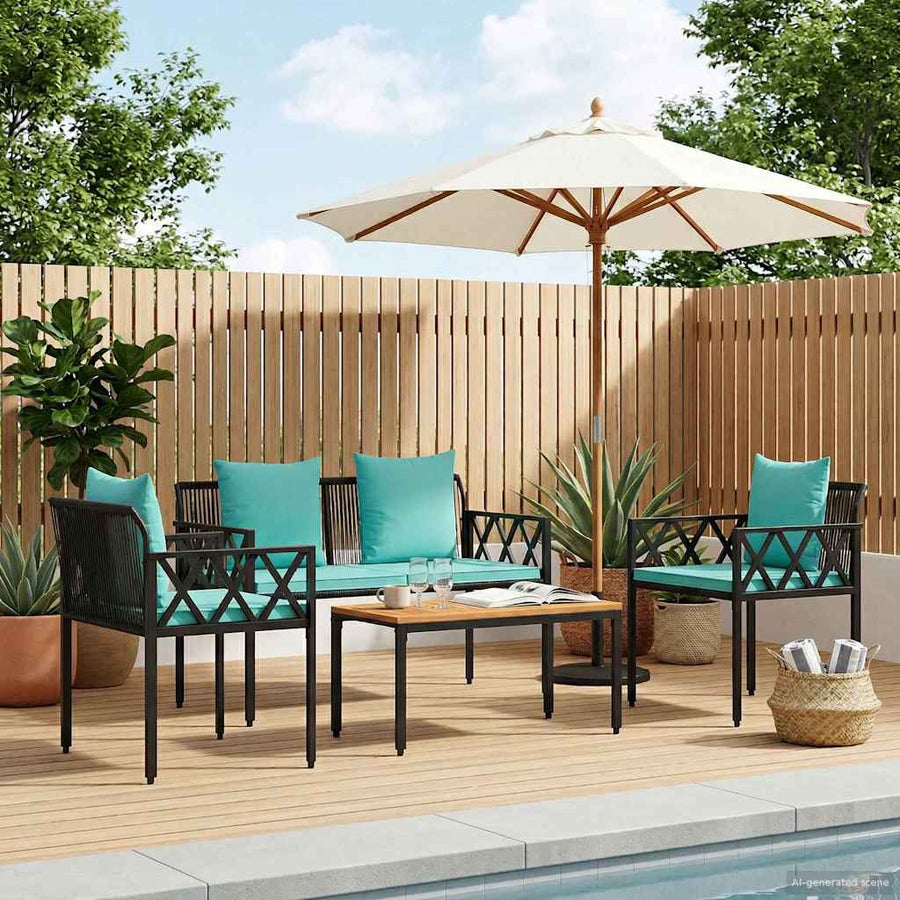 Tuinmeubelset 4 st Zwart en Turquoise poly rattan