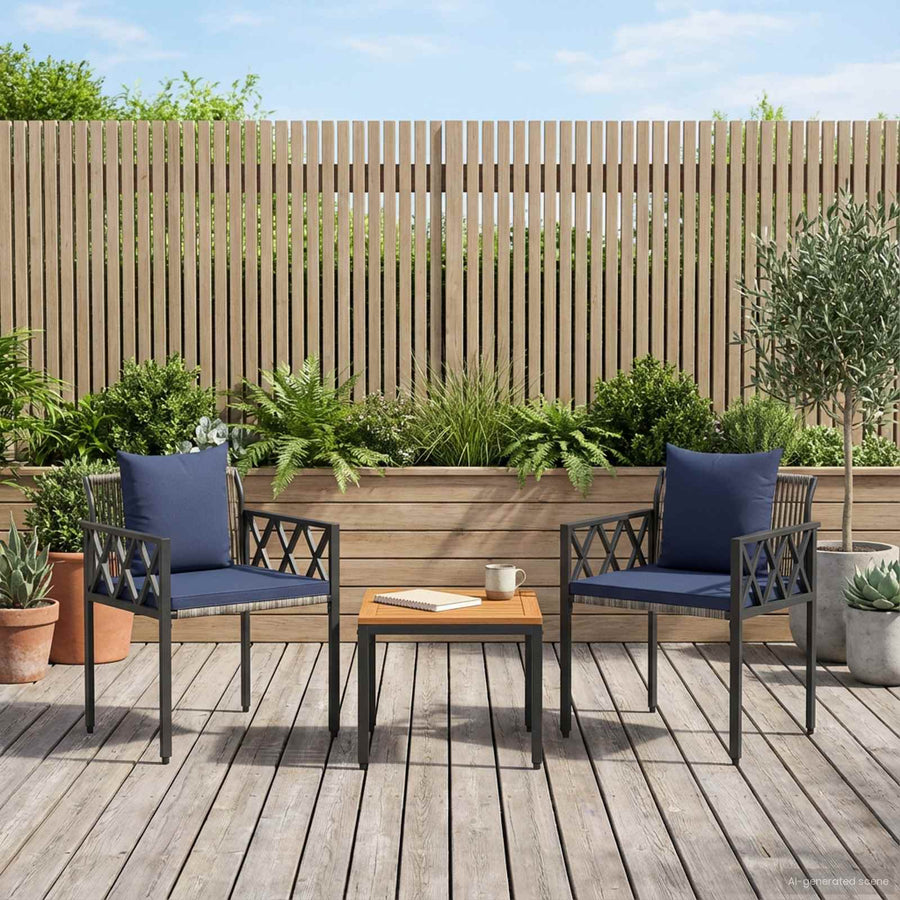 tuinmeubelset 3 pcs Grijs en Marineblauw poly rattan