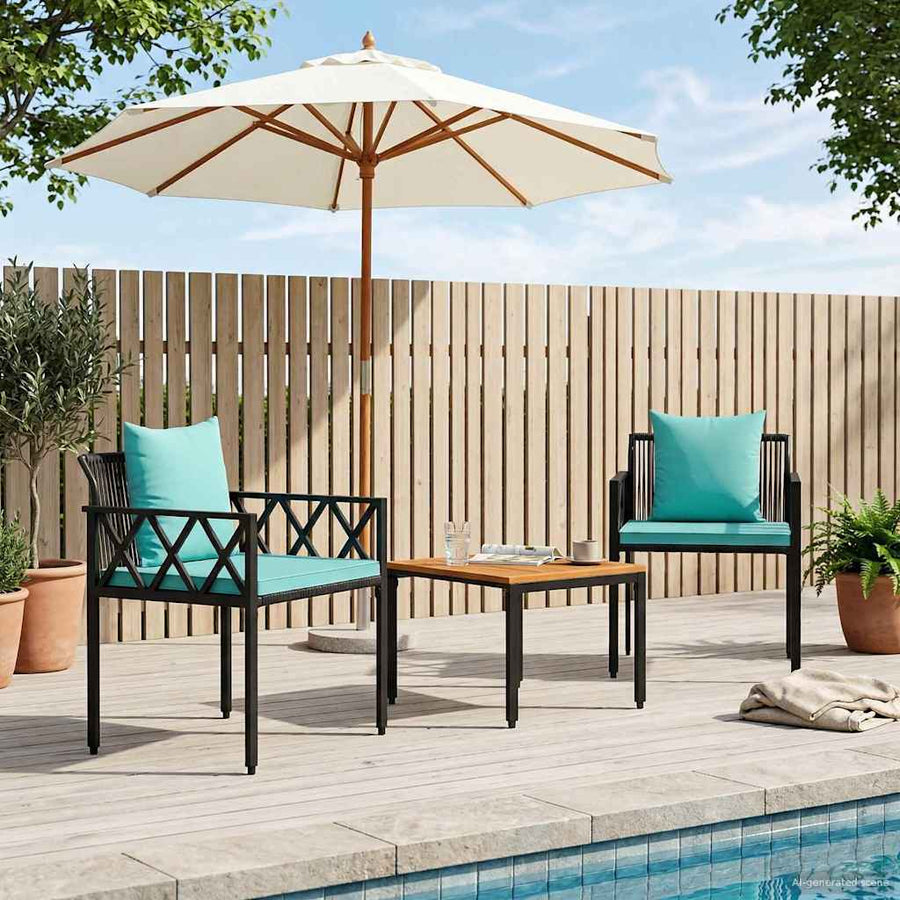 tuinmeubelset 3 pcs Zwart en Turquoise poly rattan