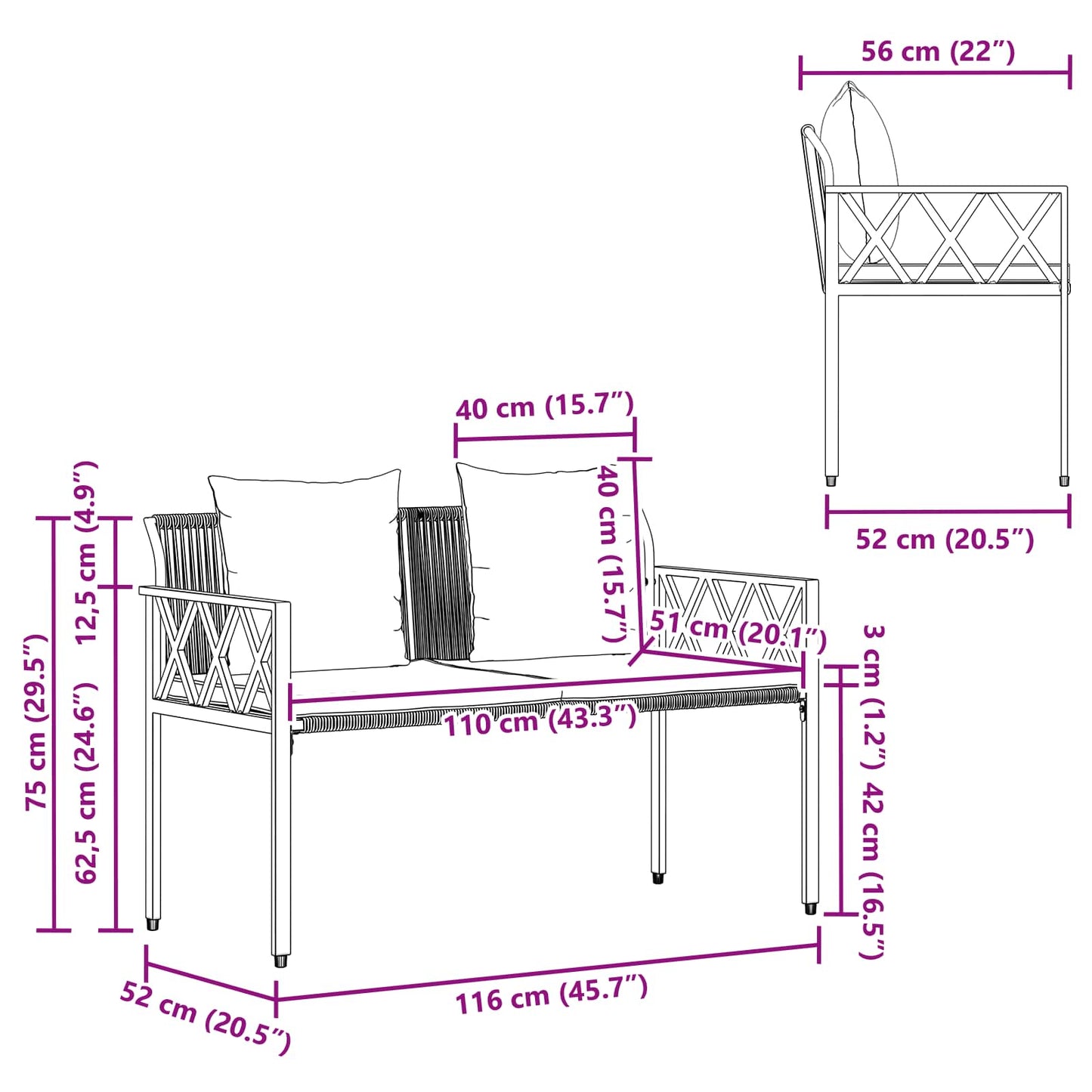 Buitenbanken 2 -Seater 116 x 56 x 75 cm poly rattan
