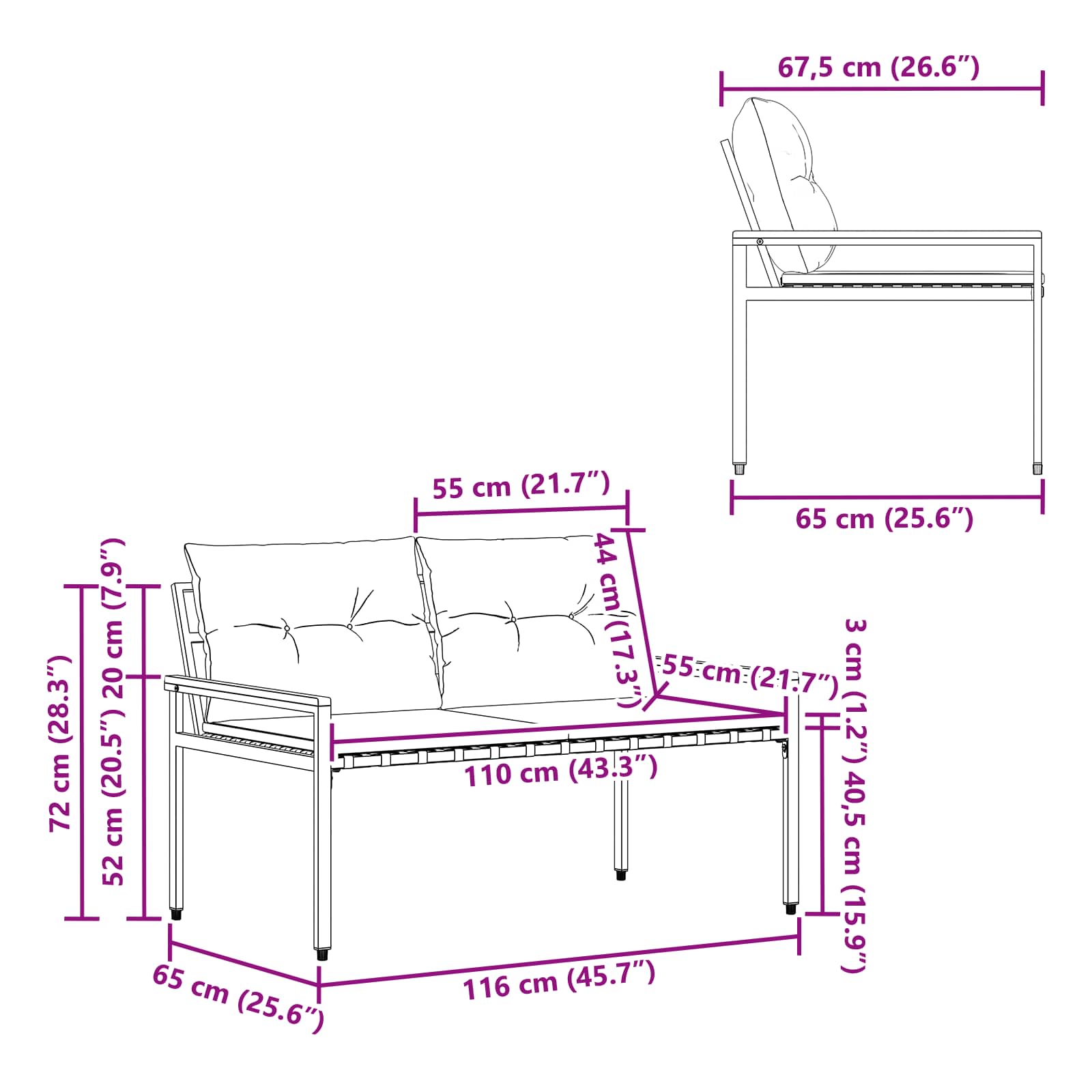 Tuinbank 2 -Seater 116 x 67,5 x 72 cm poly rattan Crèmewit
