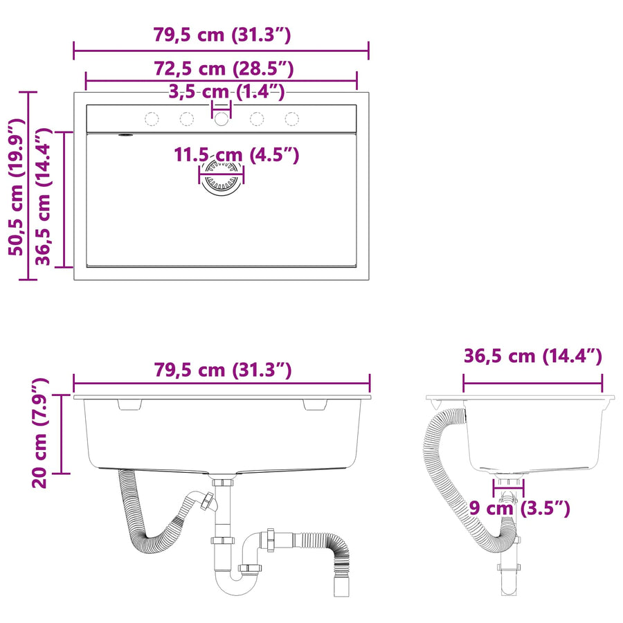 Wasbak Grijs 795 x 505 mm 80% Kwarts en 20% Hars