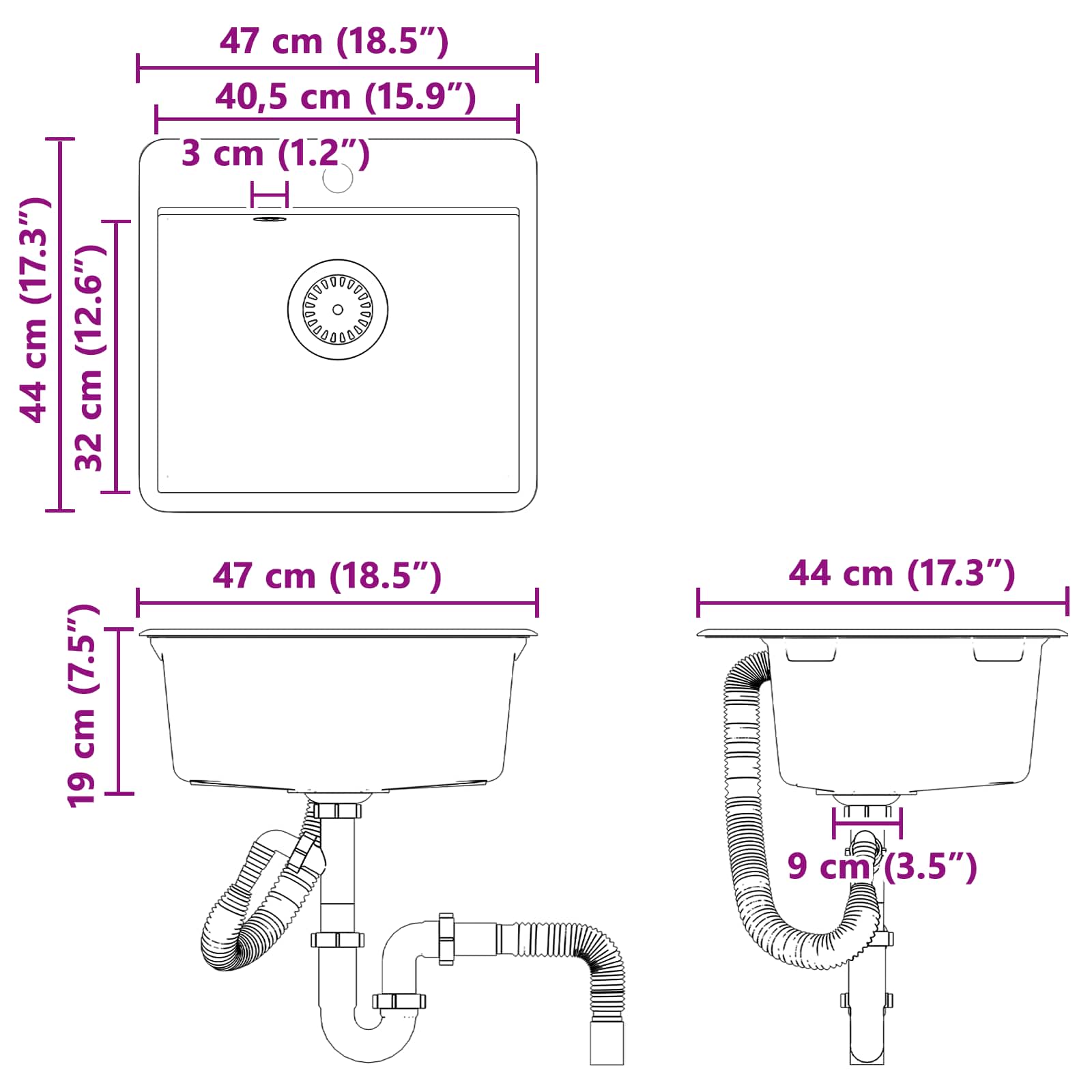 Wasbak Grijs 470 x 440 mm Graniet