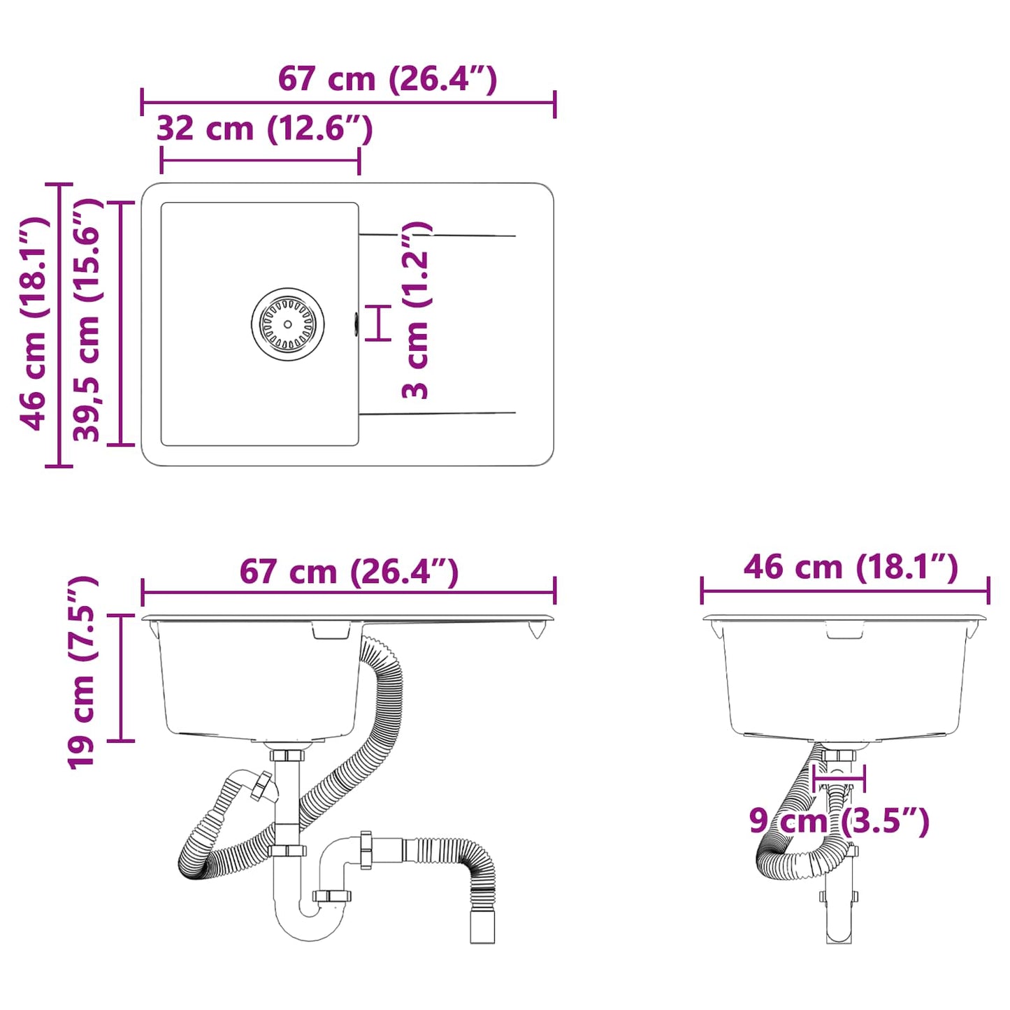 Wasbak Zwart 670 x 460 mm Graniet