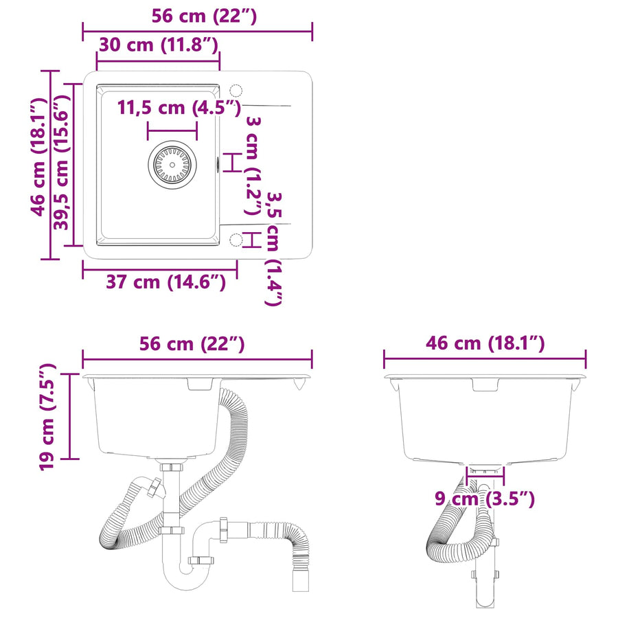 Wasbak Grijs 560 x 460 mm 80% Kwarts en 20% Hars