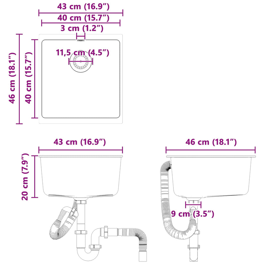 Wasbak Grijs 430 x 460 mm 80% Kwarts en 20% Hars