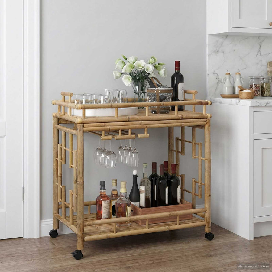 Wijn Trolley Met Wielen Naturel 85 x 50 x 93 cm Bamboe