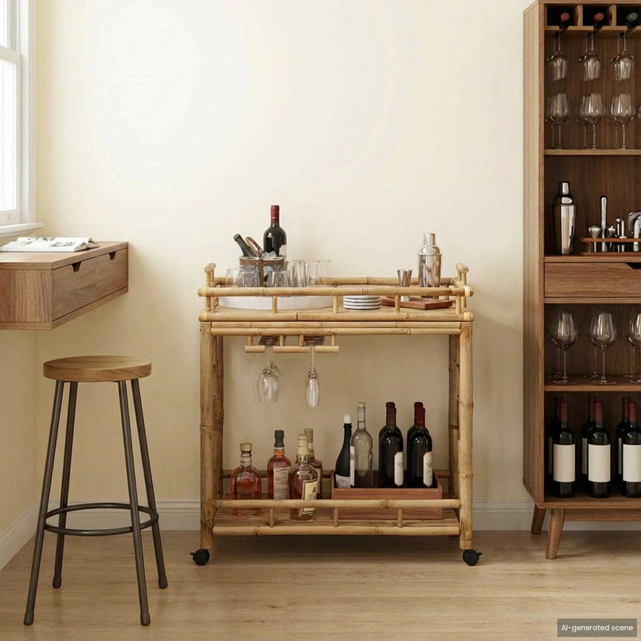 Wijn Trolley Met Wielen Naturel 85 x 50 x 93 cm Bamboe