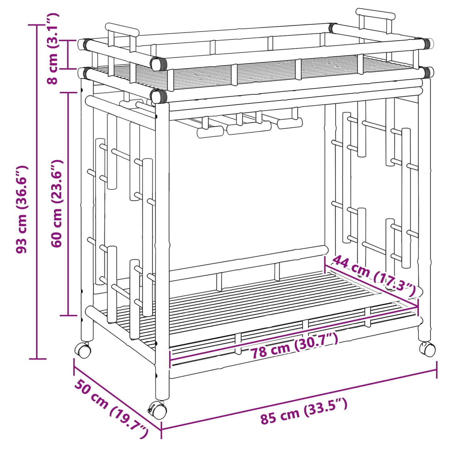 Wijn Trolley Met Wielen Naturel 85 x 50 x 93 cm Bamboe