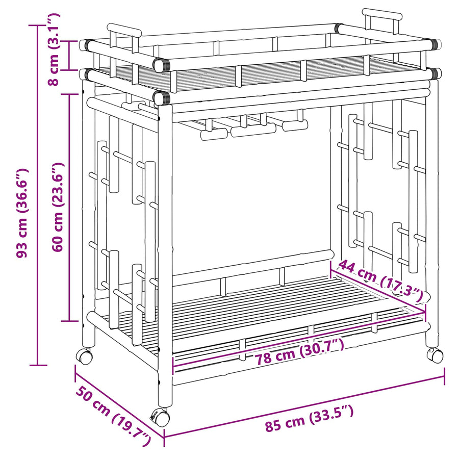 Wijn Trolley Met Wielen Naturel 85 x 50 x 93 cm Bamboe