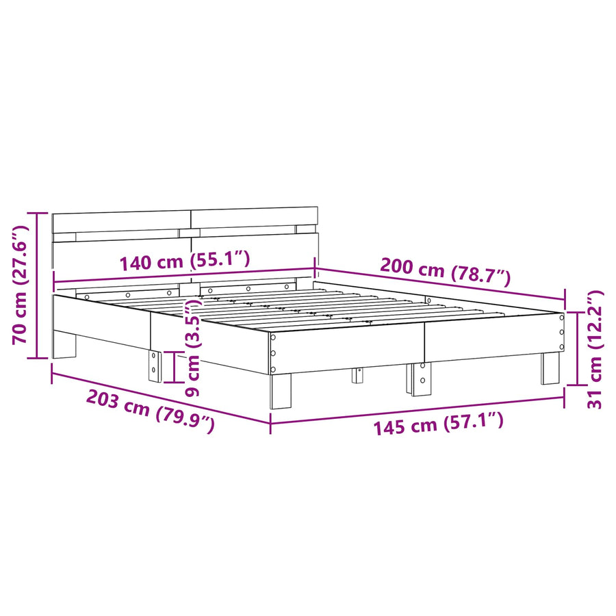 Bedframe met hoofdeinde Artisan Eiken 140 x 200 cm Bewerkt hout