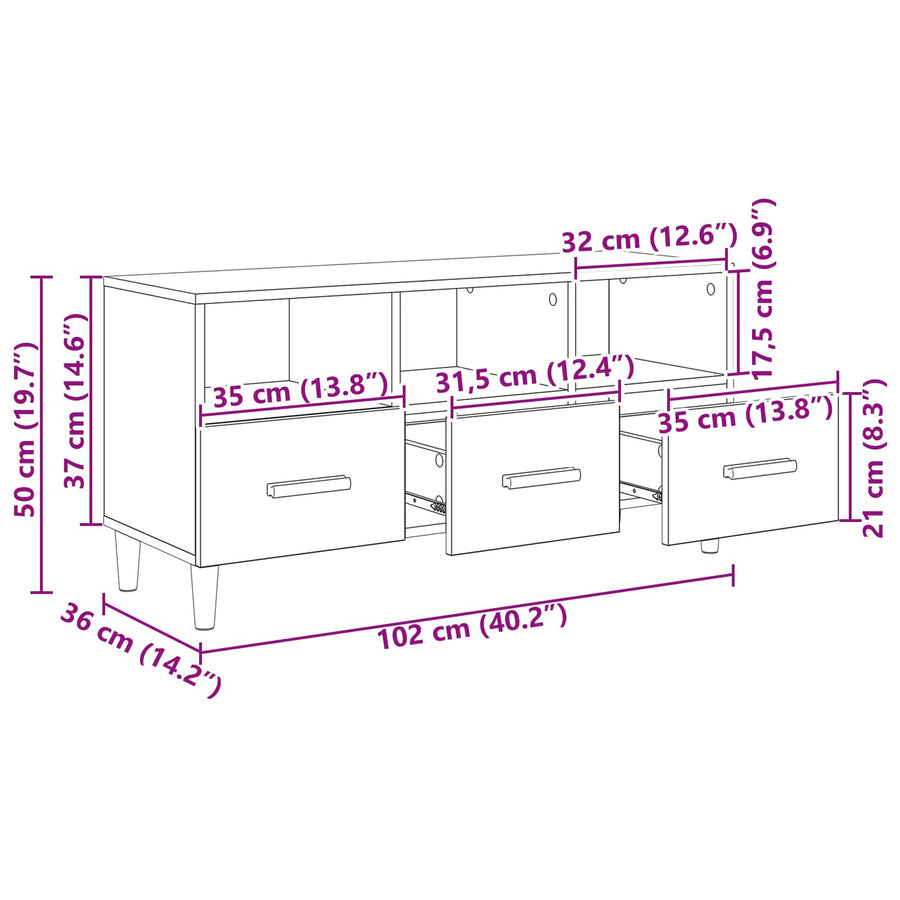 TV-kast met lade Oudhout 102 x 35,5 x 50 cm Bewerkt hout