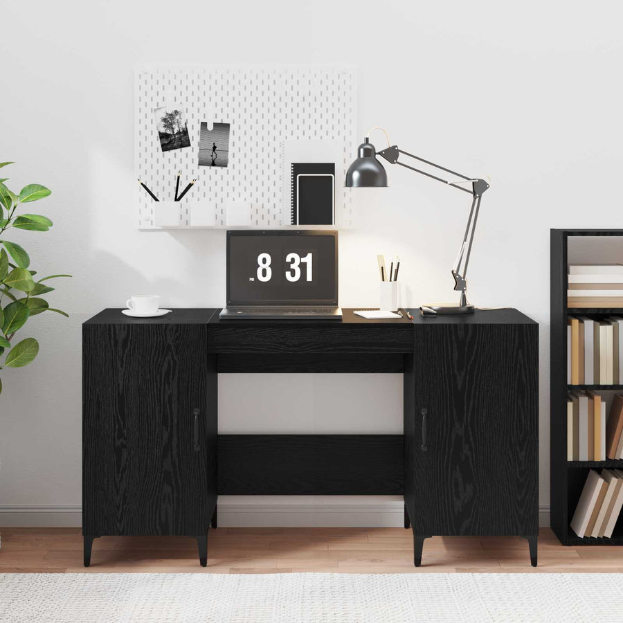 Bureau met opslag Zwart Eiken 140 x 50 x 75 cm Bewerkt hout