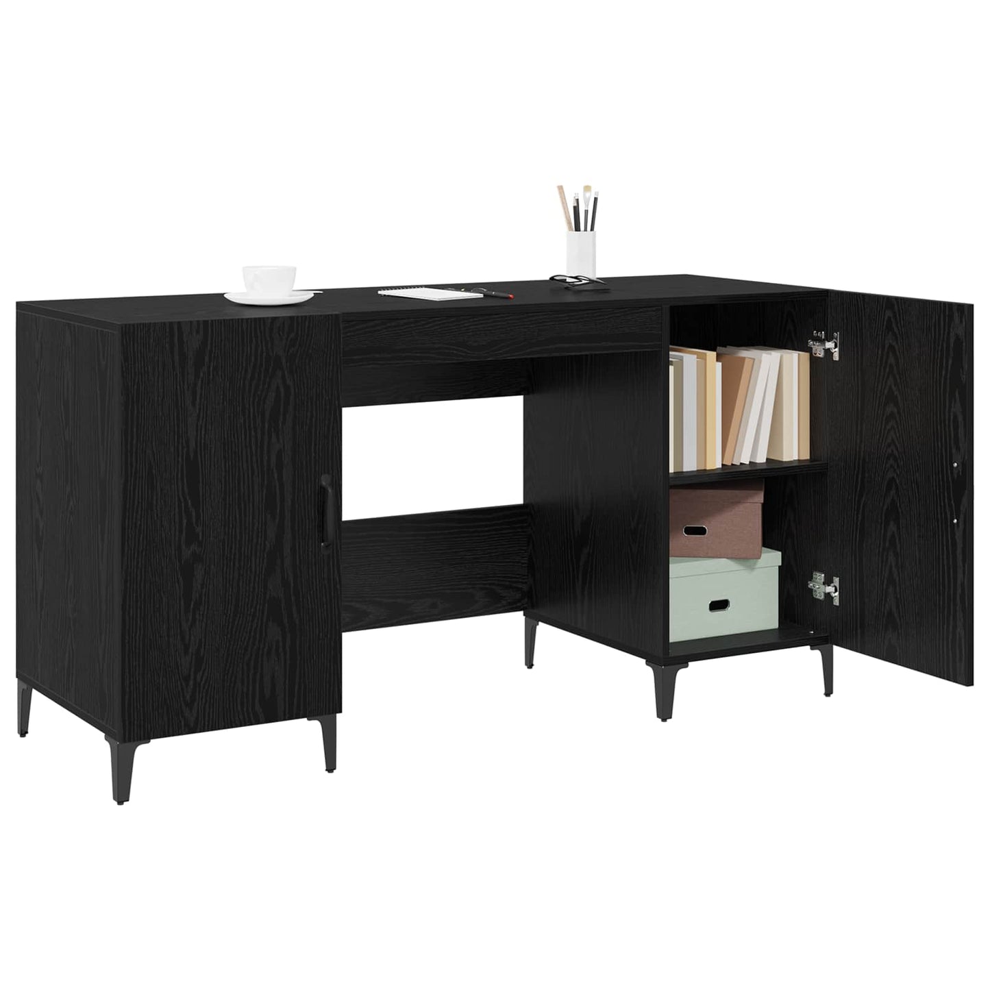 Bureau met opslag Zwart Eiken 140 x 50 x 75 cm Bewerkt hout