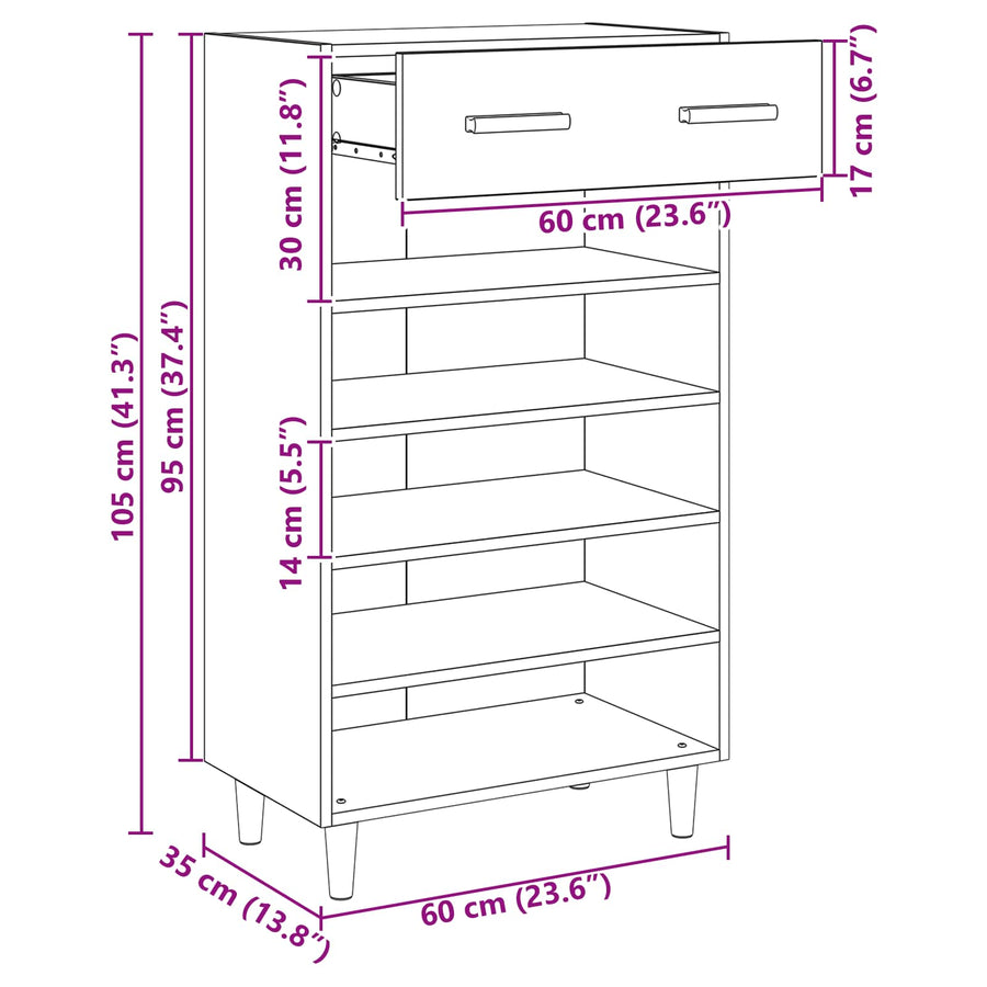 Schoenenkast Ambachtelijk eiken 60 x 35 x 105 cm Bewerkt hout