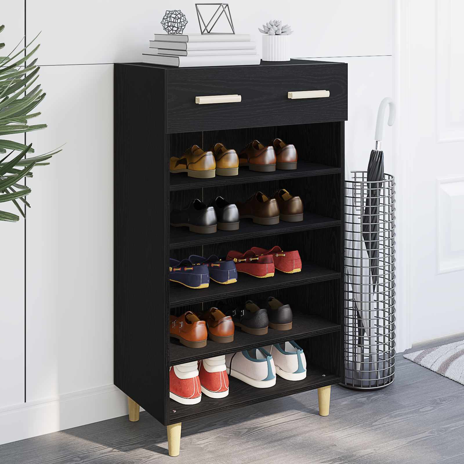 Schoenenkast met lade Zwart Eiken 60 x 35 x 105 cm Bewerkt hout