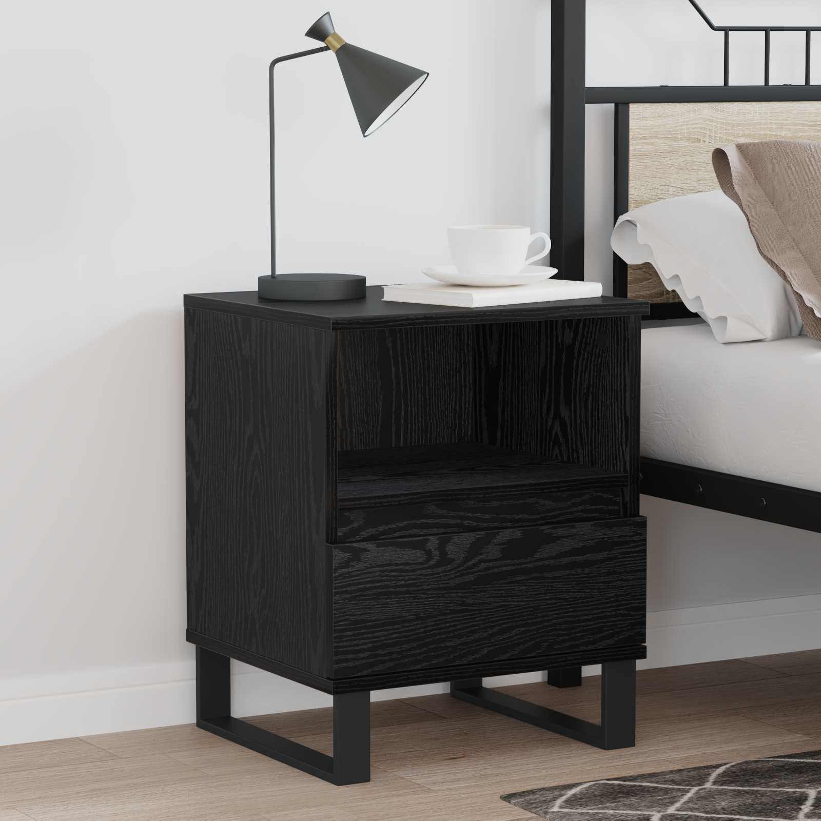 Bed kast met lade Zwart Eiken 40 x 35 x 50 cm Bewerkt hout