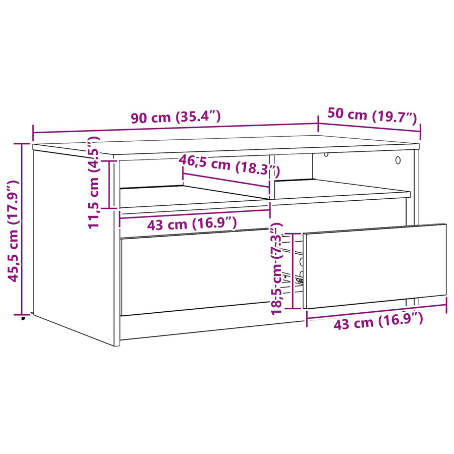 Salontafel met lade Zwart Eiken 90 x 50 x 45 cm Bewerkt hout