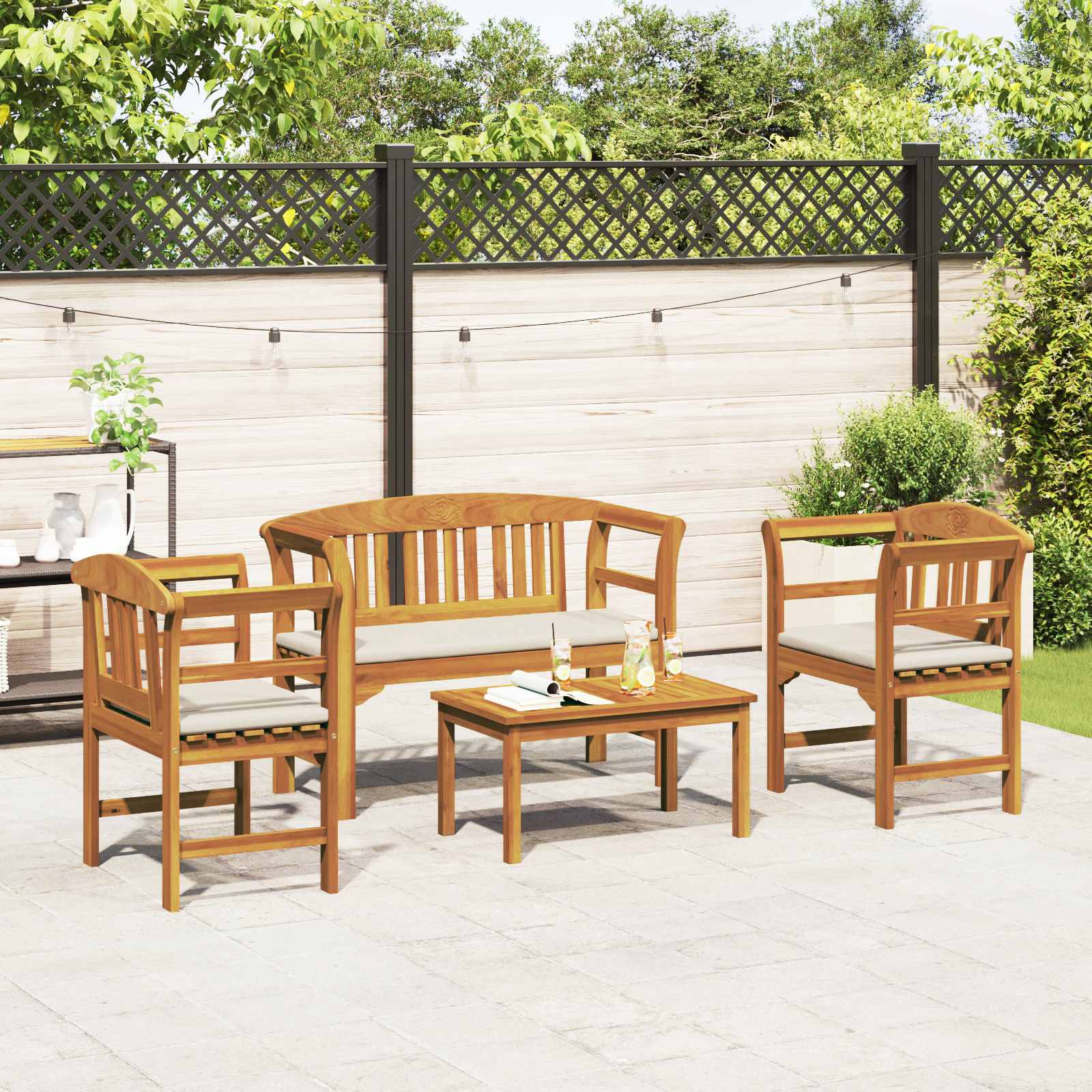 Meubelset met kussen 4 pcs Naturel Massief Acaciahout