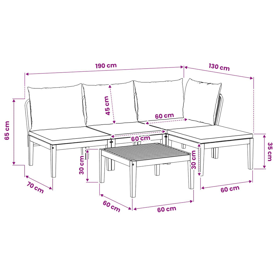 5 st Tuin Loungeset met Kussens Massief acaciahout & touw