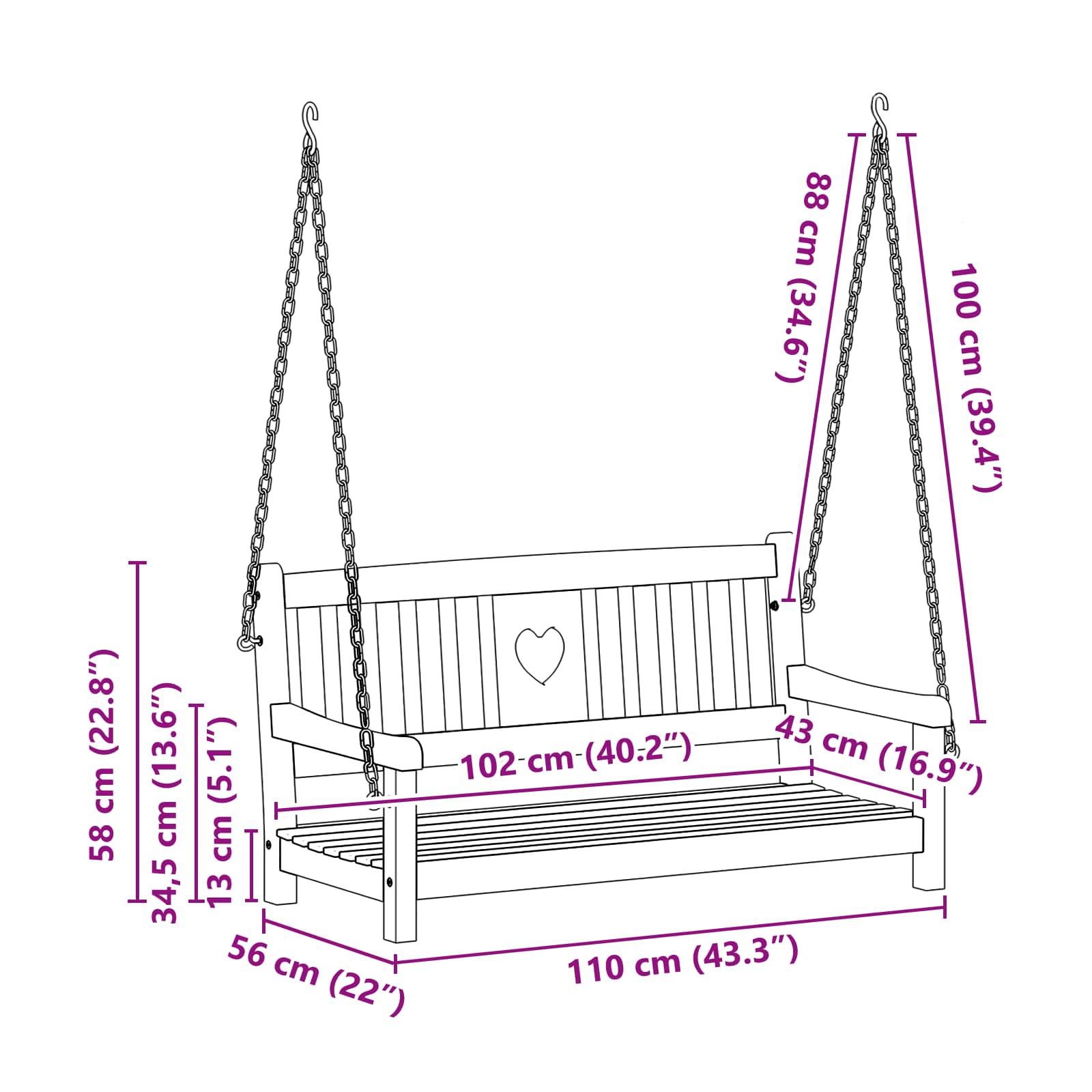 Tuin Hangbank Naturel 110 x 56 x 58 cm Massief Acaciahout