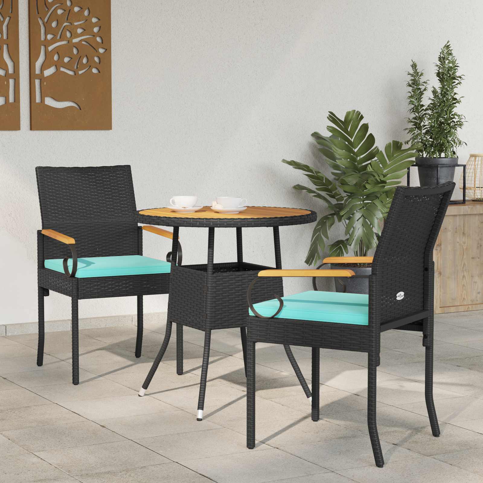 Tuinstoelen 2 pcs Zwart en Turquoise Poly rattan en acacia