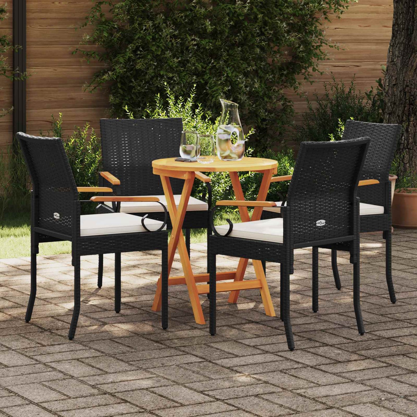 Tuinstoelen 4 pcs Zwart en Cream Wit Poly rattan en acacia