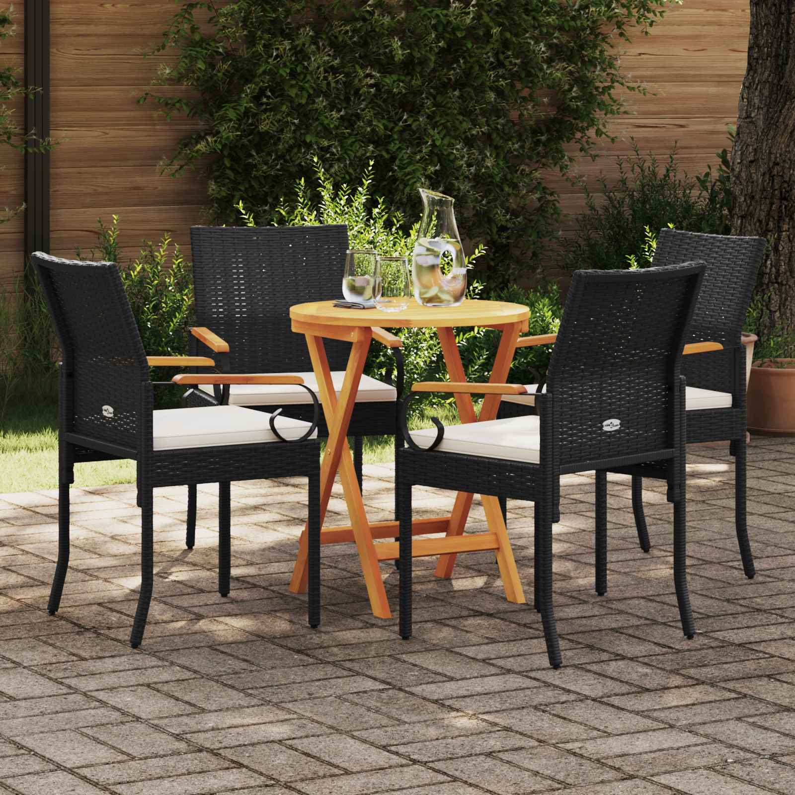Tuinstoelen 4 pcs Zwart en Cream Wit Poly rattan en acacia