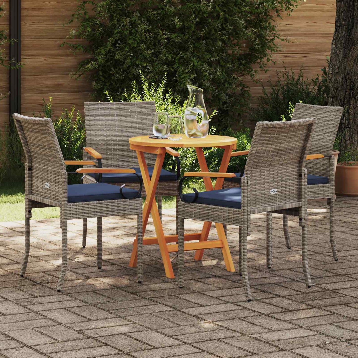 Tuinstoelen 4 pcs Grijs en Marineblauw Poly rattan en acacia