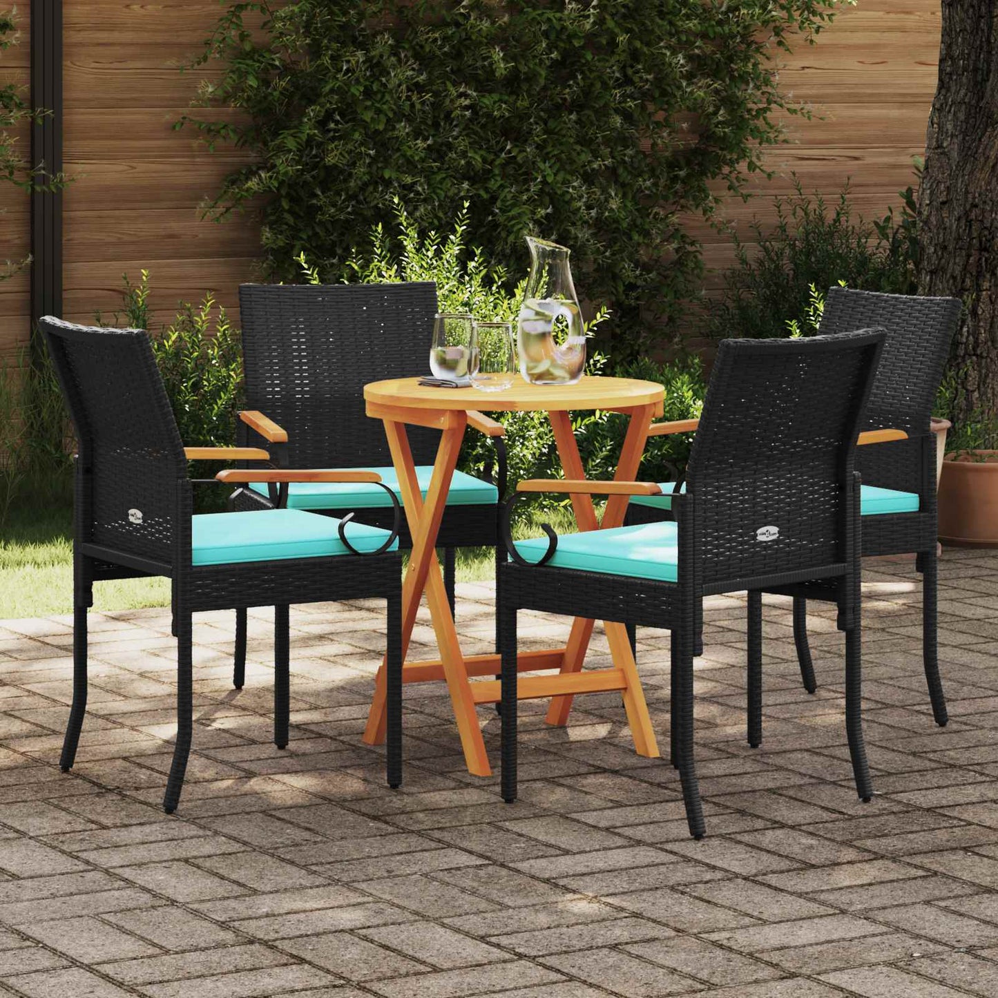 Tuinstoelen 4 pcs Zwart en Turquoise Poly rattan en acacia