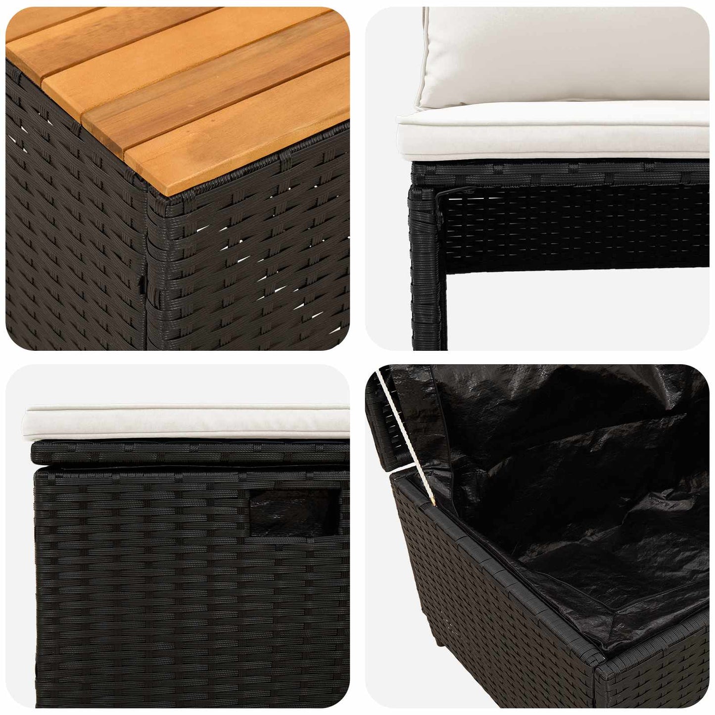 Buiten bankenset 4 pcs Zwart en Cream Wit Poly rattan en acacia