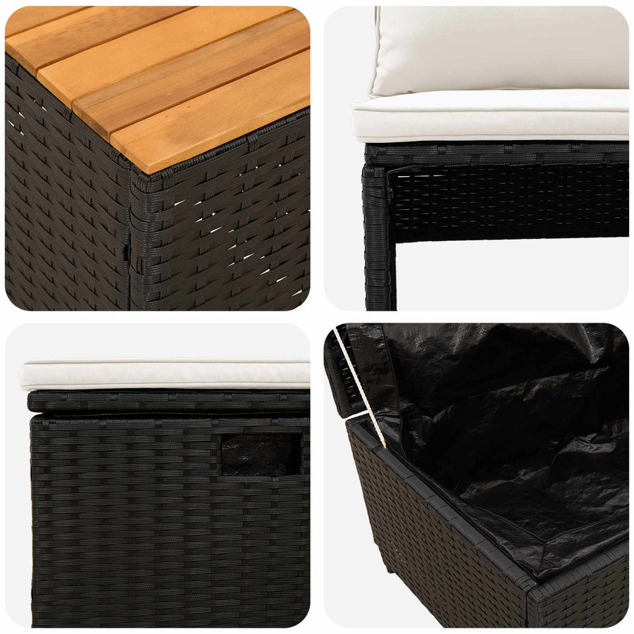 Buiten bankenset 4 pcs Zwart en Cream Wit Poly rattan en acacia