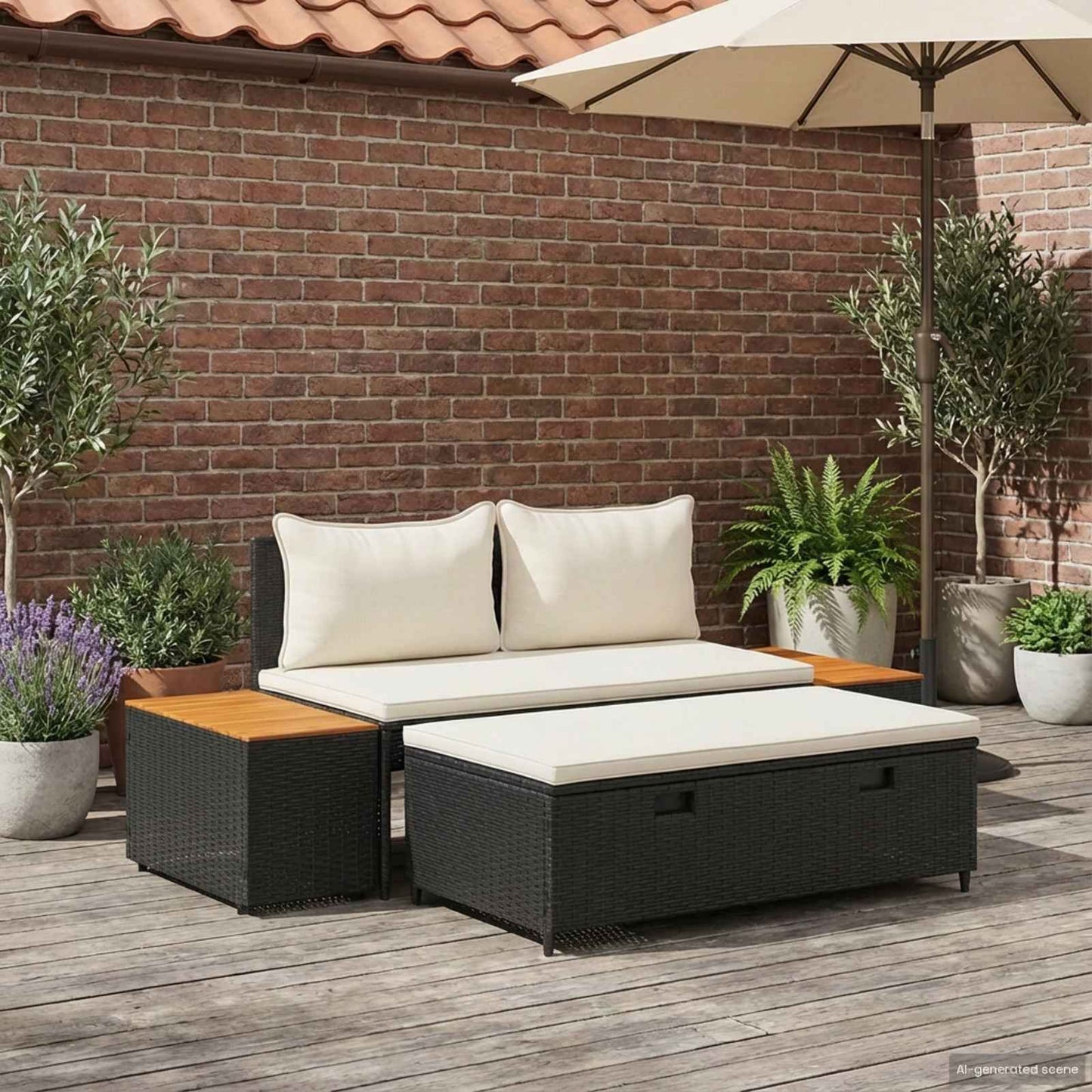 Buiten bankenset 4 pcs Zwart en Cream Wit Poly rattan en acacia