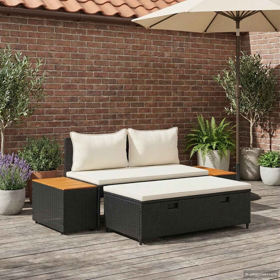 Buiten bankenset 4 pcs Zwart en Cream Wit Poly rattan en acacia