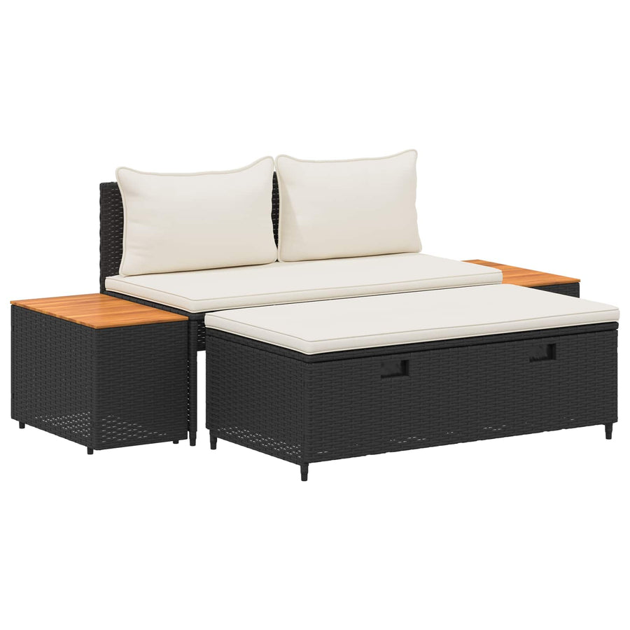 Buiten bankenset 4 pcs Zwart en Cream Wit Poly rattan en acacia