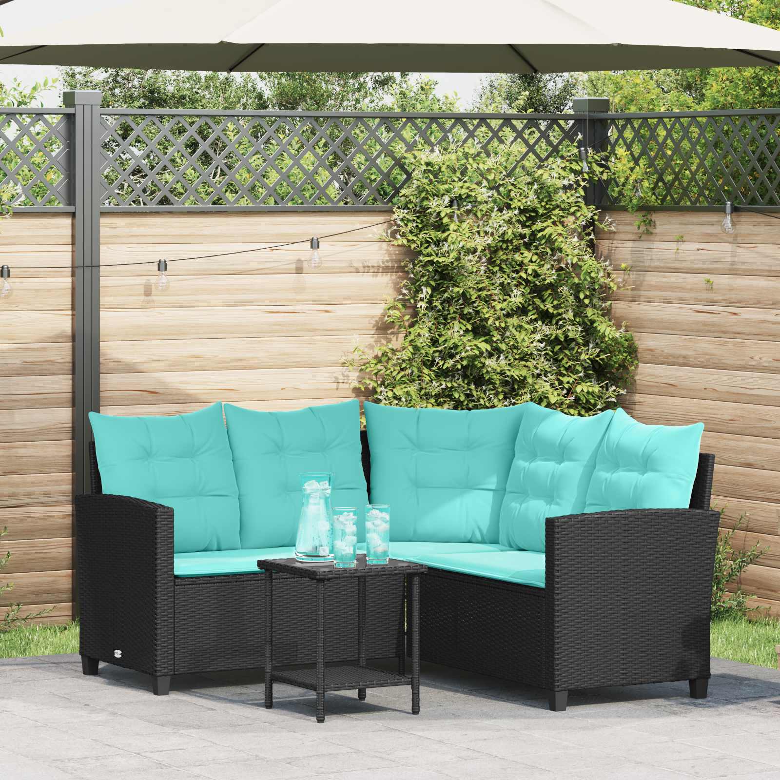 Tuinbank met kussen 2 pcs Zwart en Turquoise Poly riet