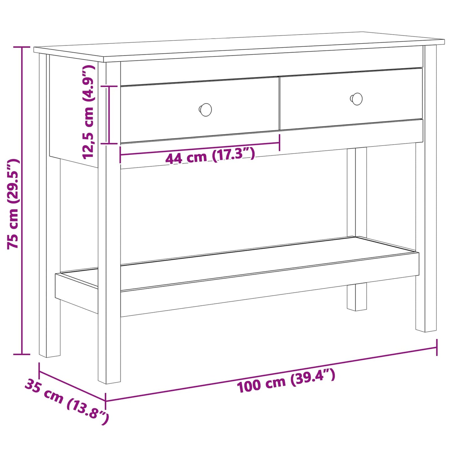 Wandtafel Wasbruin 100 x 35 x 75 cm Massief Grenen Hout
