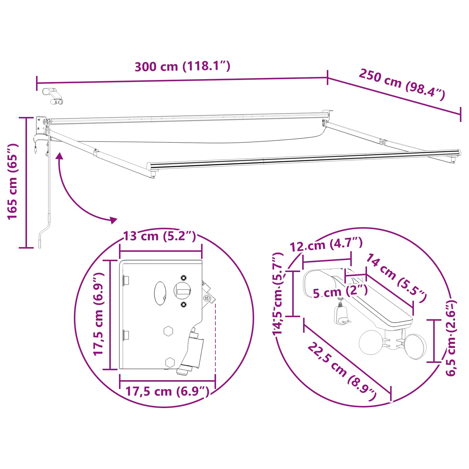 Elektrisch uitschuifbaar zonnescherm frame Wit 3 x 2,5 m