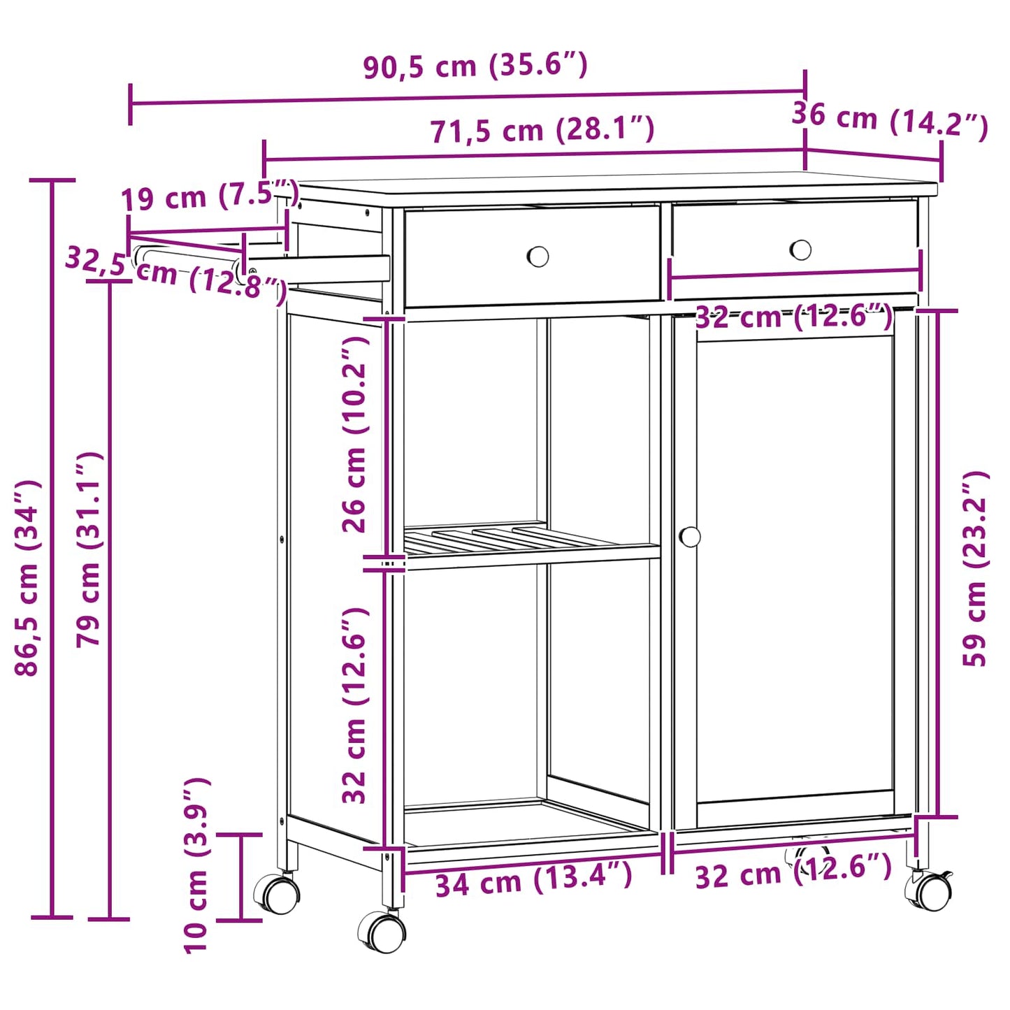 Keukentrolley met Wielen Naturel 90,5 x 36 x 86,5 cm Bamboe