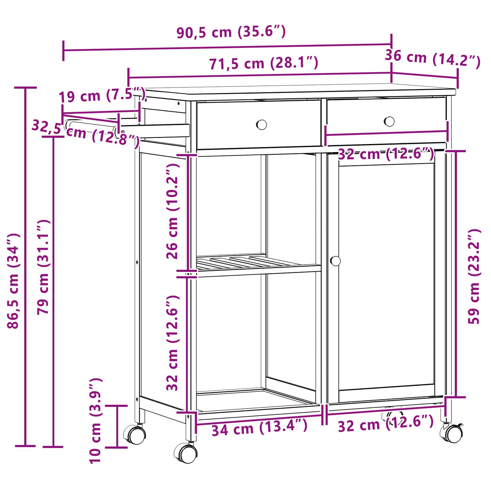 Keukentrolley met Wielen Naturel 90,5 x 36 x 86,5 cm Bamboe