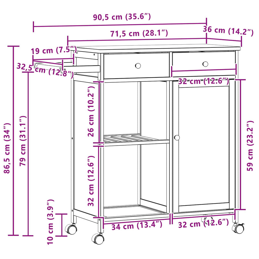 Keukentrolley met Wielen Naturel 90,5 x 36 x 86,5 cm Bamboe
