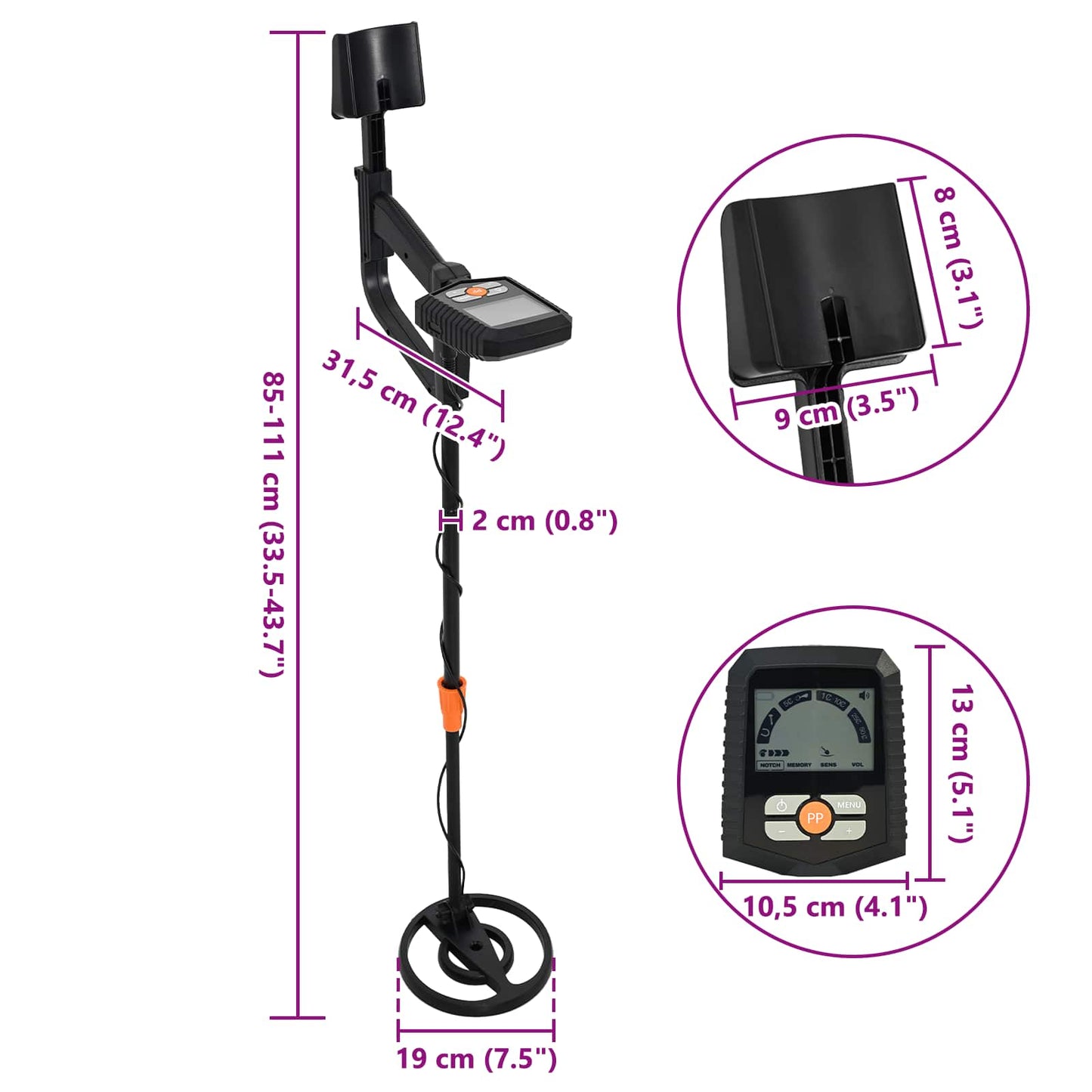 Metaaldetector met LCD-scherm 3 modi 19 cm spoel Zwart