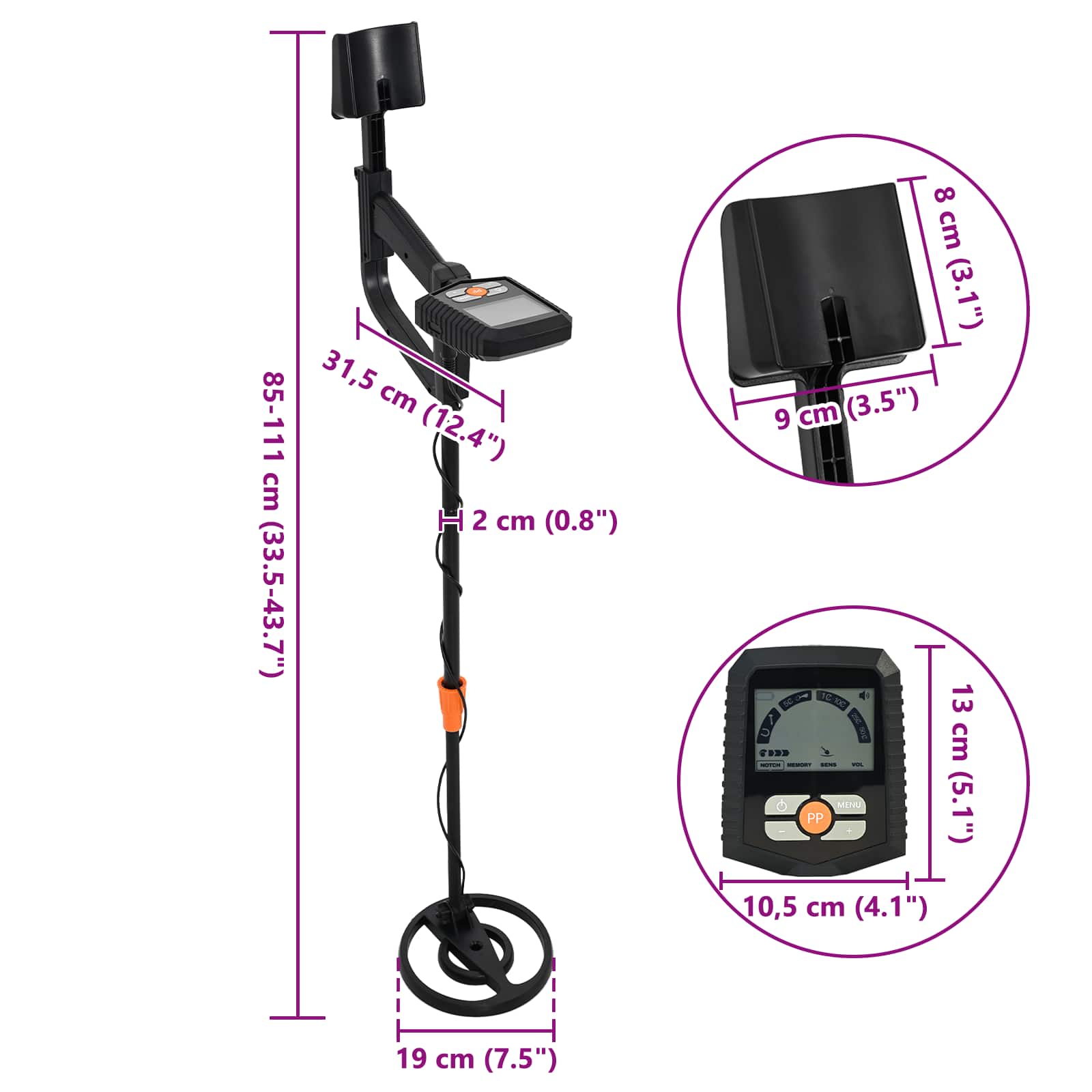 Metaaldetector met LCD-scherm 3 modi 19 cm spoel Zwart