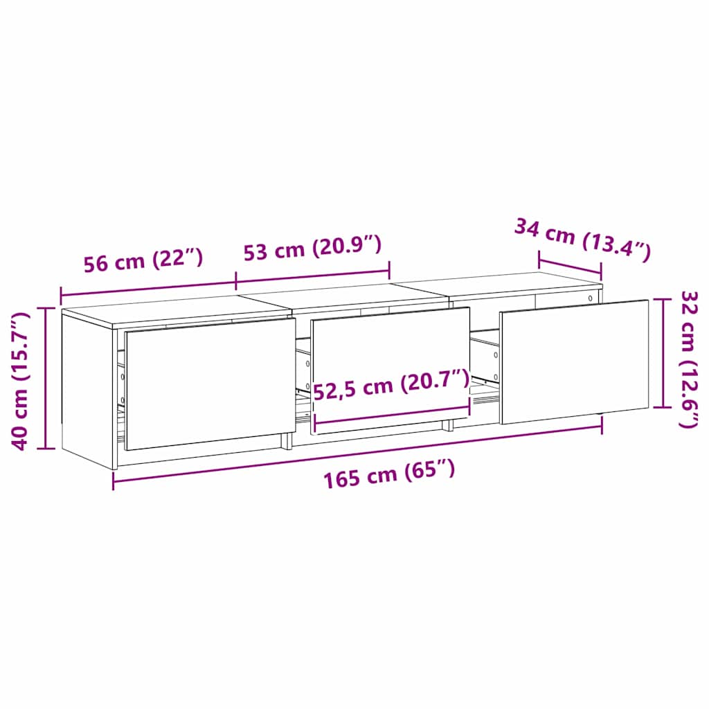 TV kast met LED's met lade Ambachtelijk eiken 162 x 34 x 40 cm