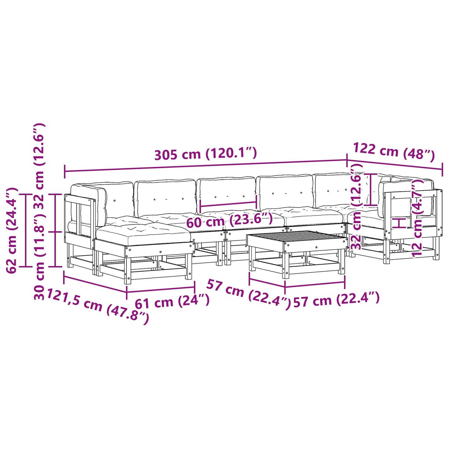 Tuin loungeset ARAKIL 8 pcs Wasbruin Massief grenenhout