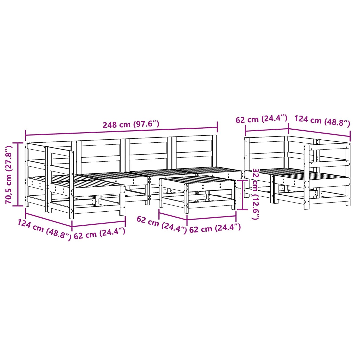 Tuin loungeset 8 pcs Wasbruin Massief grenenhout