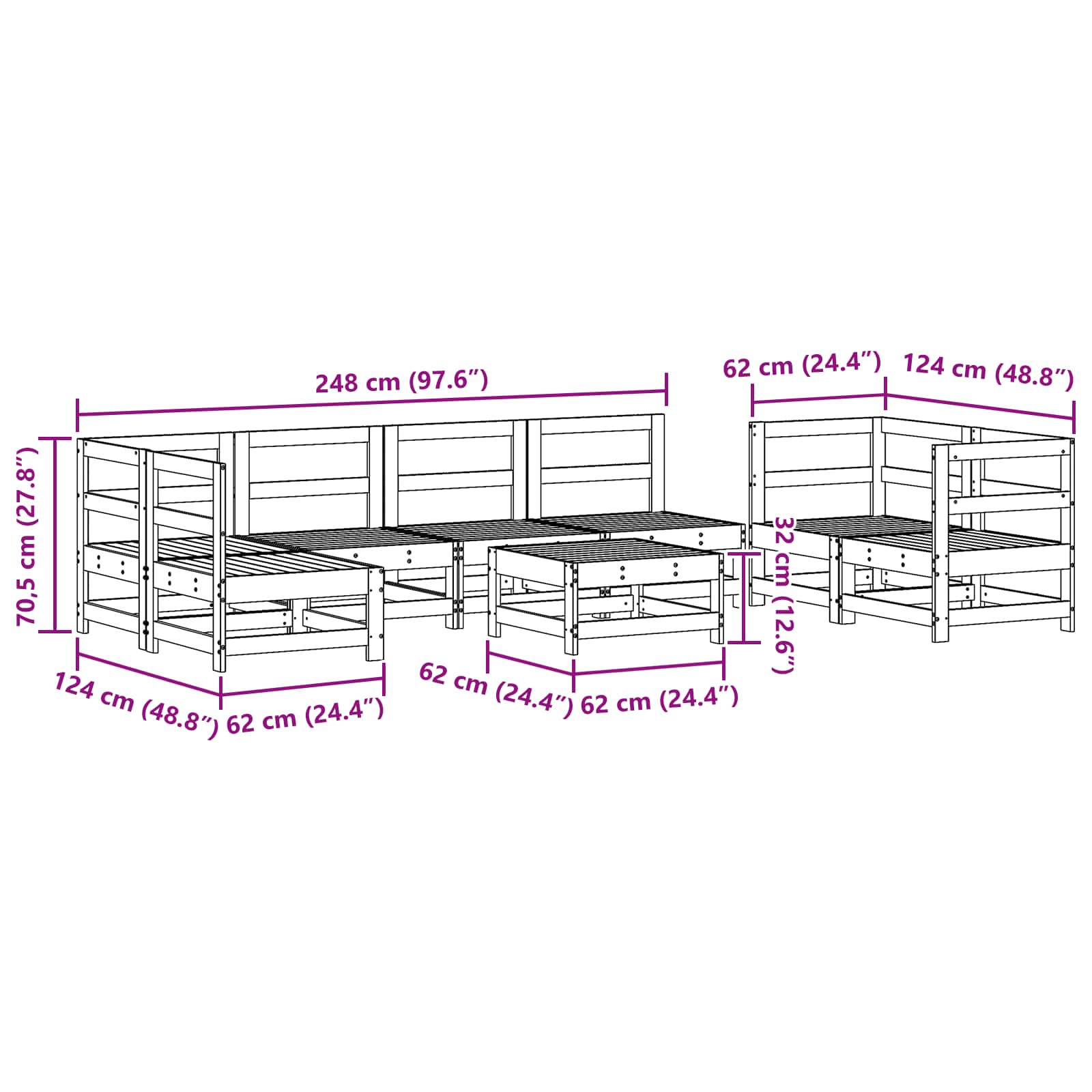 Tuin loungeset 8 pcs Wasbruin Massief grenenhout