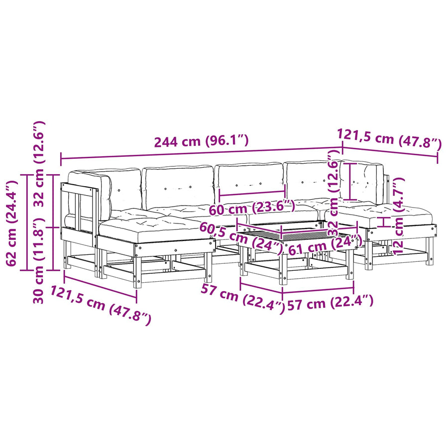 Tuin loungeset 7 pcs Wasbruin Massief grenenhout